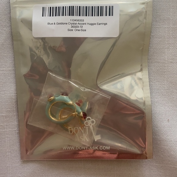 Don’t Ask - Brand new Blue & Goldtone Crystal Accent Huggie Earring - Picture 2 of 3